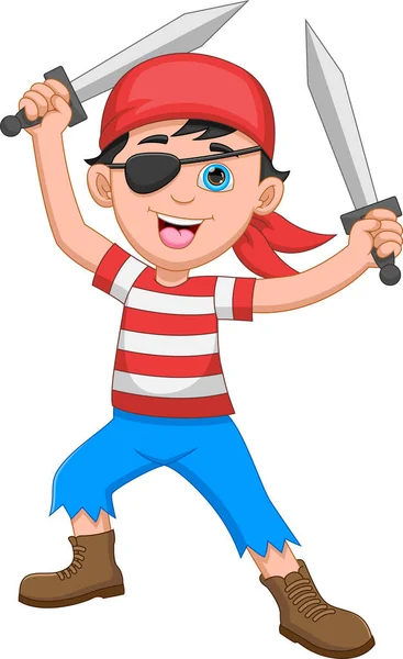 Cartoon Cute Pirate Boy Holding Sword — Vetor de Stock