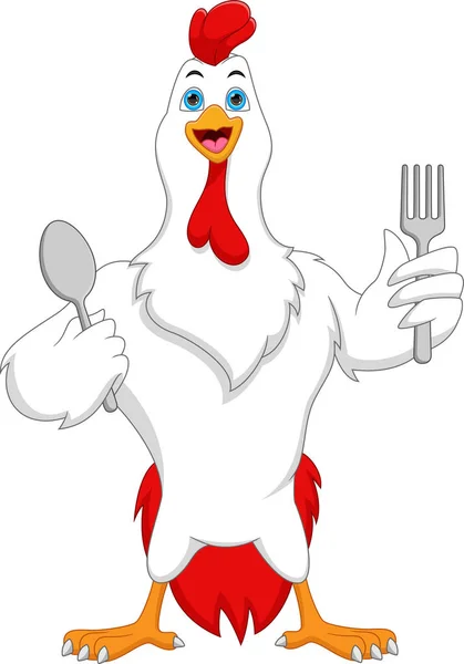 Cute Chicken Holding Spoon Fork Cartoon — Stockvektor