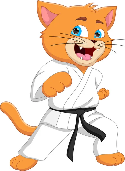 Cute Karate Cat Cartoon White Background — Vector de stock