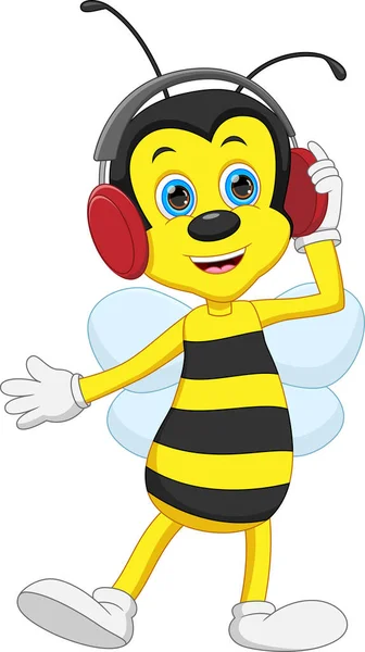 Cute Bee Cartoon Wearing Headphones — Stockvector