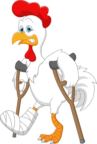 Cartoon Chicken Broken Leg Using Crutches — Image vectorielle