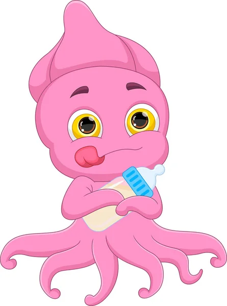 Cartoon Cute Baby Octopus Holding Bottle — Wektor stockowy