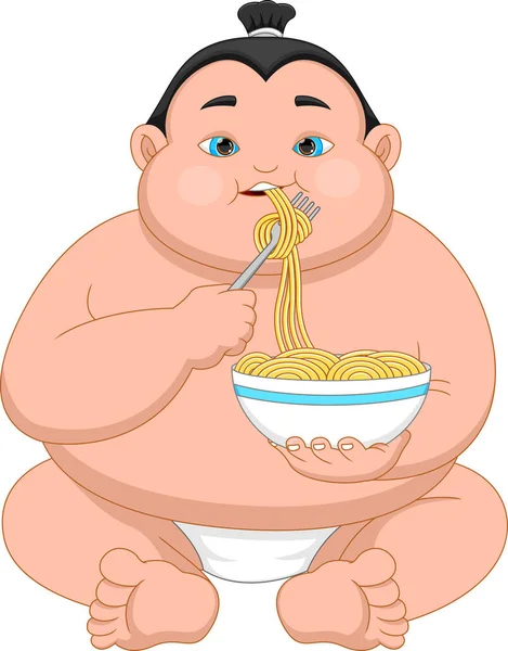 Cartoon Cute Sumo Wrestler Eating Noodle - Stok Vektor