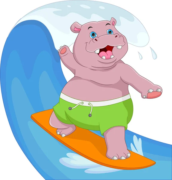 Cute Hippo Surfing Cartoon White Background — Archivo Imágenes Vectoriales