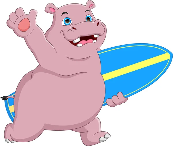 Cartoon Cute Hippo Carrying Surfboard — 图库矢量图片