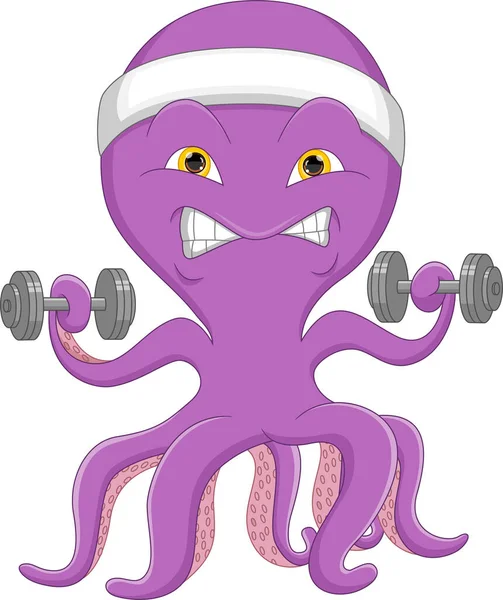 Cartoon Cute Octopus Exercise Dumbbells — Vector de stock