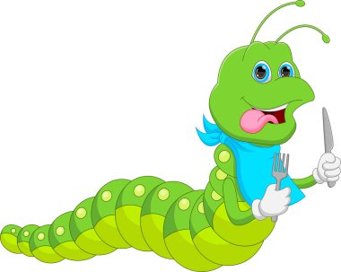 cute caterpillar cartoon holding fork and knife