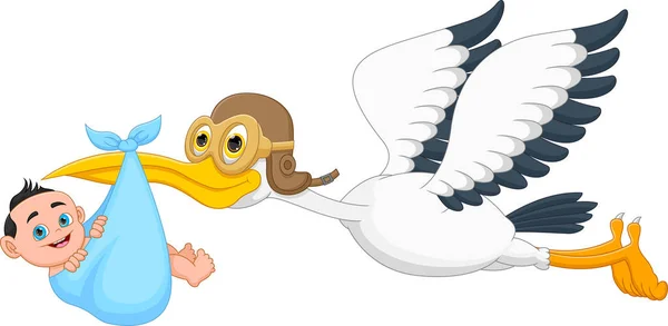 Cartoon Stork Carrying Baby White Background — Wektor stockowy