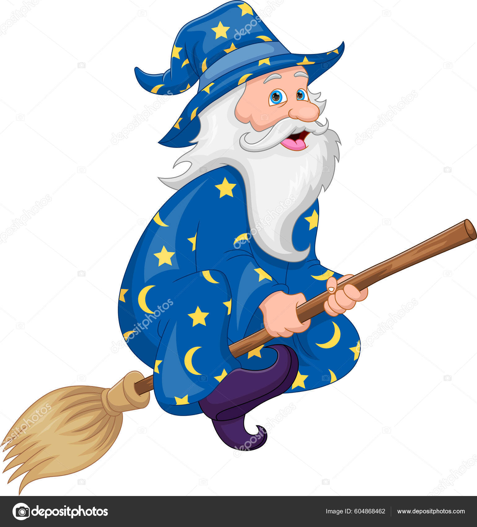 Cartoon Old Wizard Flying Broomstick vector, gráfico vectorial
