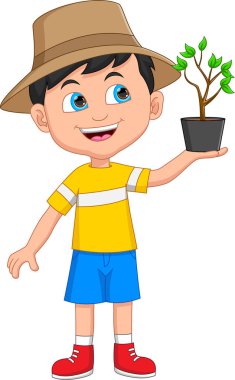 cartoon cute boy holding plant