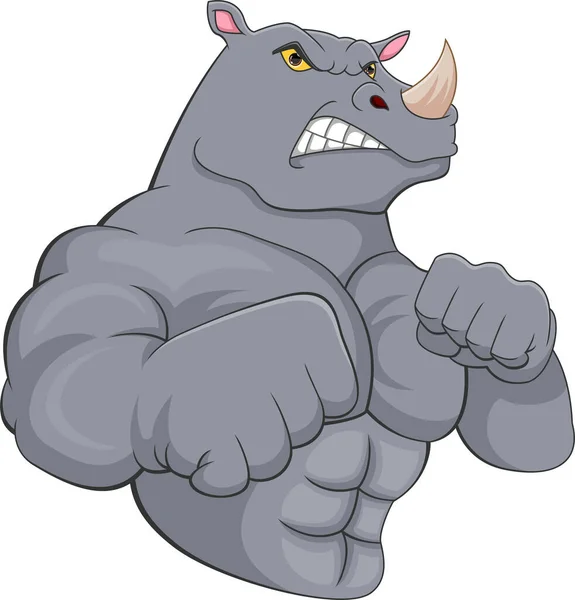 Muscle Rhino Cartoon White Background — Vetor de Stock