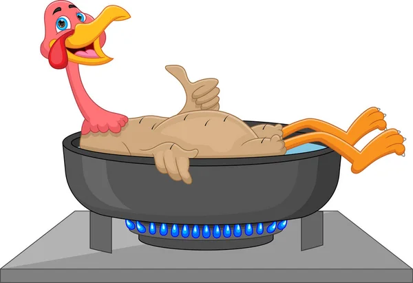 卡通火鸡大拇指贴在锅子上 — 图库矢量图片