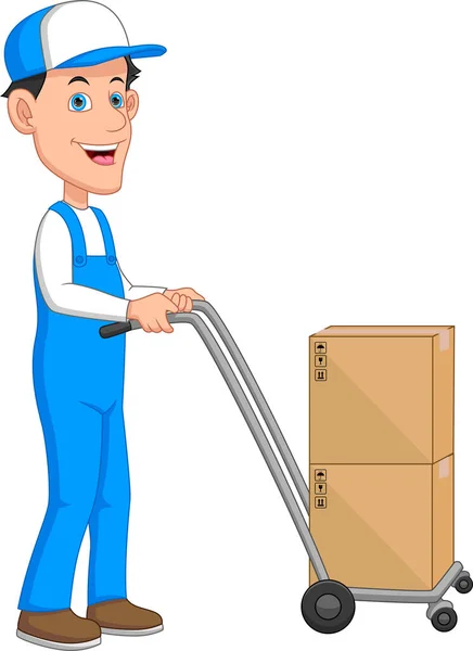 Cartoon Deliveryman Carrying Cardboard Box Pushcart — Stock Vector