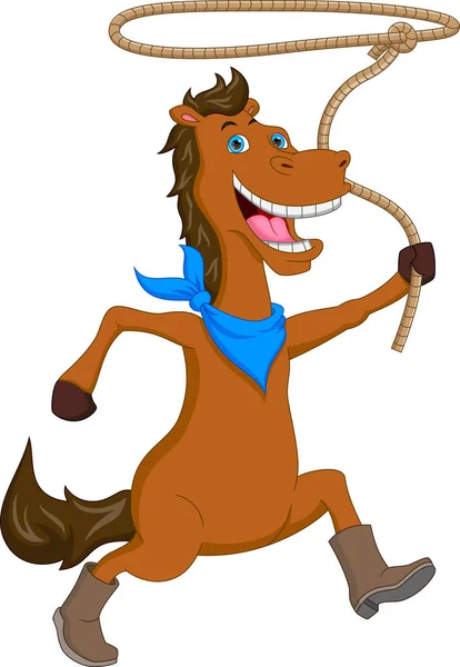 Cartoon Schattig Paard Slingeren Lasso — Stockvector