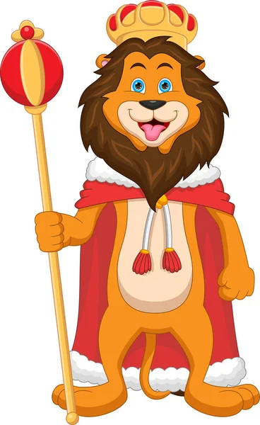 头戴皇冠手持手杖的卡通狮子 — 图库矢量图片