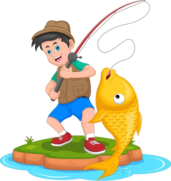 Cute Boy Fishing Cartoon White Background — Stock Vector