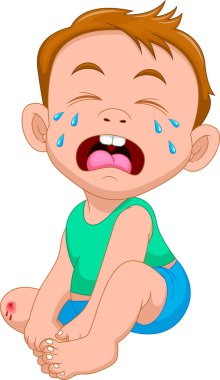 Küçük çocuk yaralı diziyle ağlıyor.