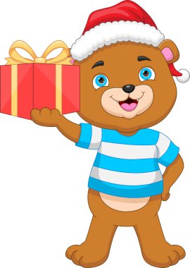 Çizgi film küçük ayısı şapka takıyor ve elinde bir hediye tutuyor.