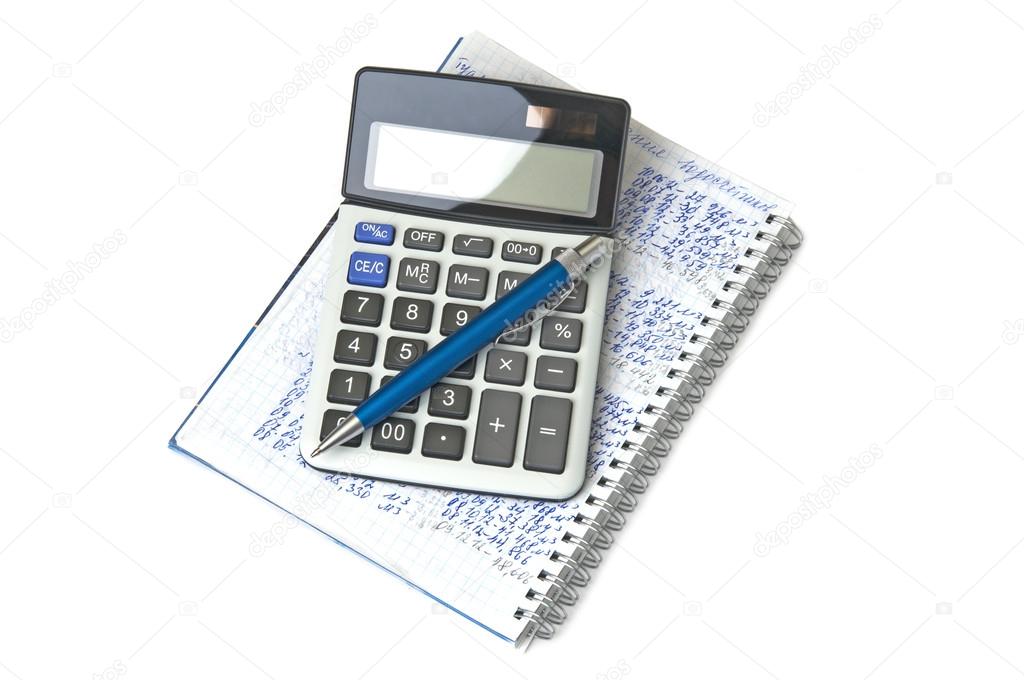 Calculator, notebook and pen on white background
