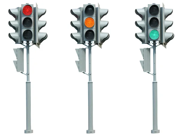 Três semáforos no fundo branco — Fotografia de Stock