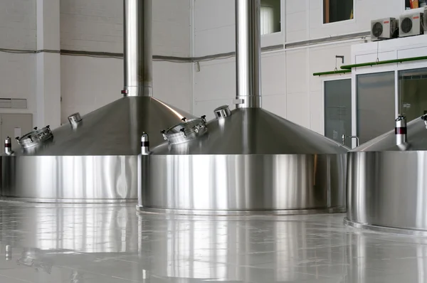 Steel fermentation vats on brewer factory — Stock Photo, Image