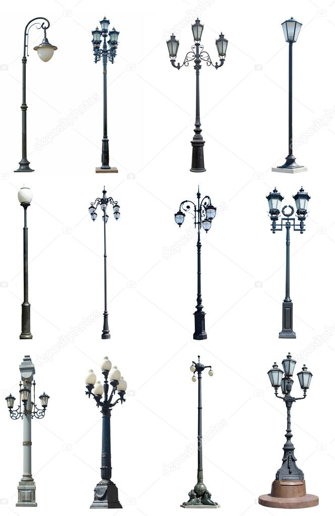 Set of street lamps on white background