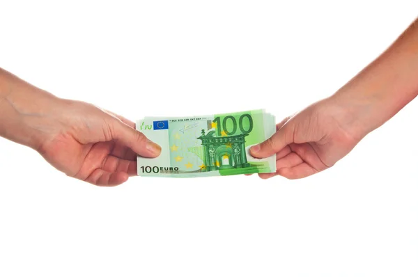 Two hands with euro bills on white background — Stock Photo, Image