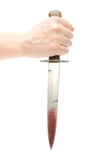 Mano con daga de sangre, aislada en blanco — Foto de Stock