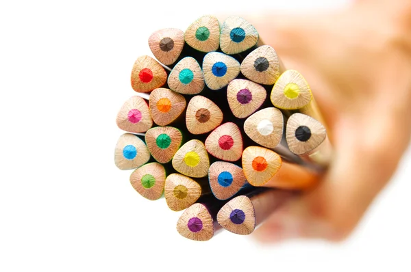 Hand holding color pencil macro — Stock Photo, Image