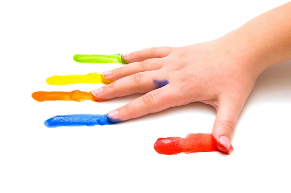 Barnets fingrar mulet med färg från målning på vit backgro — Stockfoto