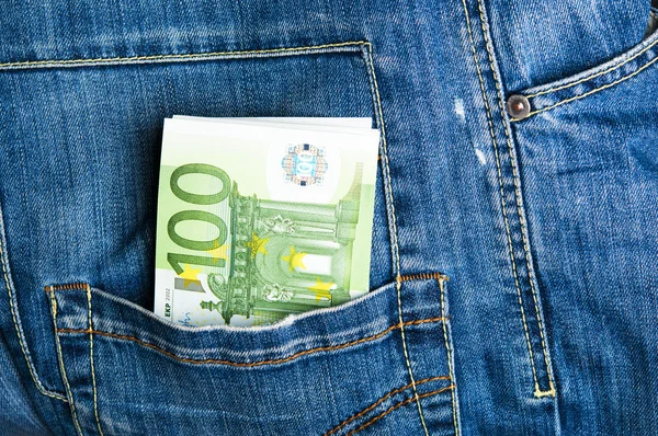 Pants jeans with euro banknotes in the pocket — Stock Photo, Image