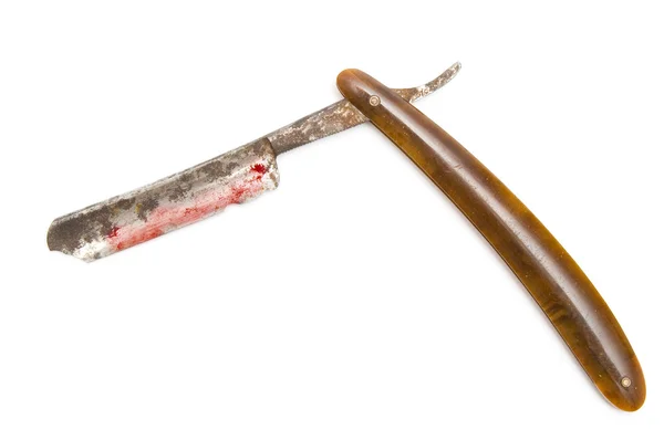 Grunge razor with red blood on white background — Stock Photo, Image