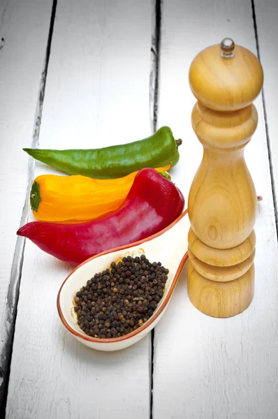 Colored peppers, peppercorn and pepper shaker — Stock Photo, Image