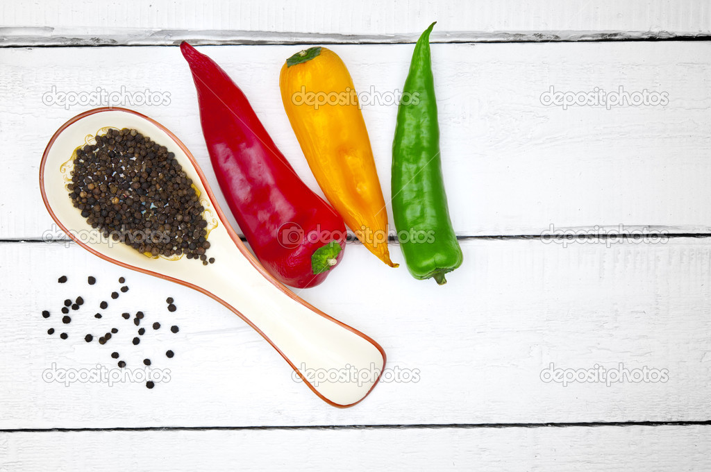 Colored peppers and peppercorns