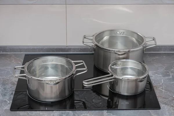 Stainless Saucepans Electric Stove Kitchen — Stock Photo, Image