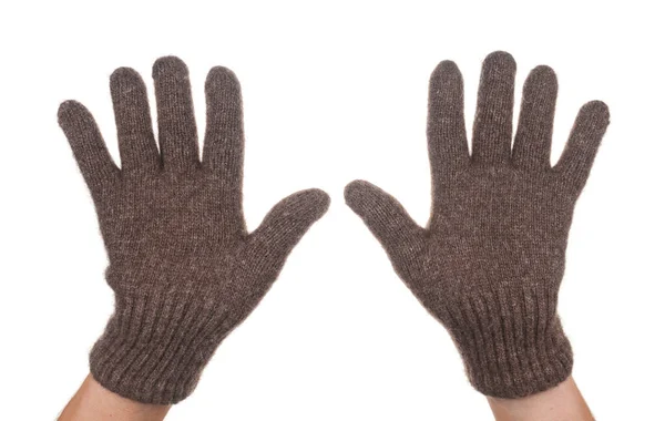 Handen Warme Winter Handschoenen Witte Achtergrond — Stockfoto