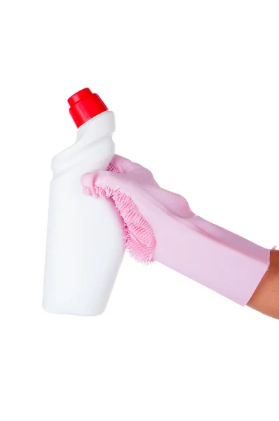 Hand Gummihandschuh Hält Plastikflasche Mit Reinigungsmittel Isoliert Auf Weißem Hintergrund — Stockfoto
