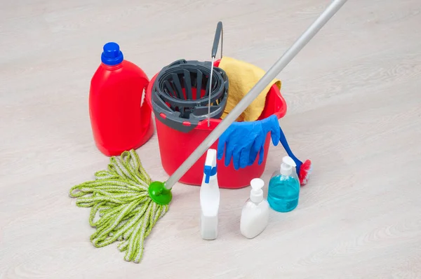 House Cleaning Bucket Rubber Gloves Chemical Bottles Mopping Stick — Stockfoto