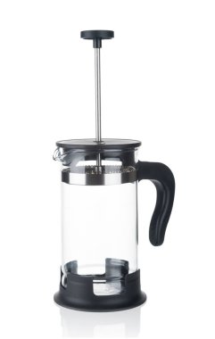 Empty french press close up isolated on white background