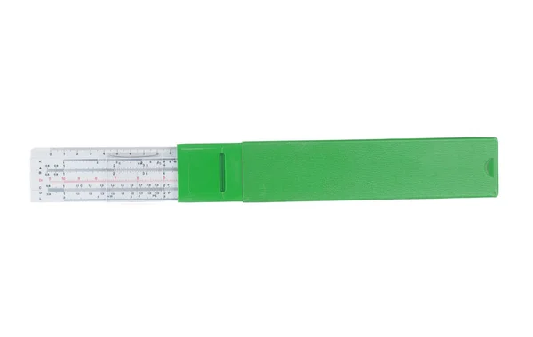 Vintage Slide Ruler Green Case Isolated White Background — стоковое фото