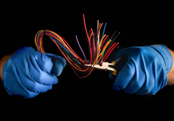 Close Hands Master Electrician Gloves Work Electrical Equipment Repair Electrician — Stock Photo, Image