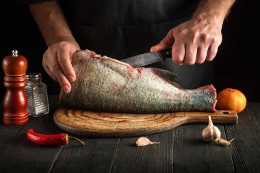 Koca kafalı sazan balığını temizleyen şef. Restoranın mutfağında çalışma ortamı. Balık diyeti konsepti