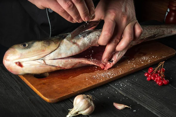 Chef Prepares Silver Carp Herring Restaurant Kitchen Cook Sprinkles Salt — Stock Photo, Image