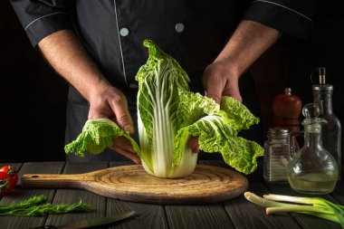 Şef ya da aşçı taze Napa lahana salatası yapar. Restoranın mutfağında dilimleme hazırlığı. Sebze diyeti fikri.