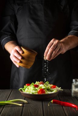 Profesyonel şef ahşap masada taze sebze salatasına tuz serpiyor. Mutfakta sağlıklı yemek hazırlıyorum..