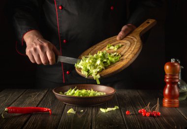 Lahana salatası hazırlığı. Lokanta mutfağında çalışırken profesyonel bir aşçı. Diyet kahvaltı ya da akşam yemeği fikri. Büyük mutfak..