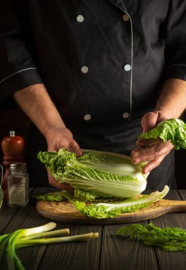 Profesyonel bir şef mutfakta Napa lahana salatası hazırlar. Diyet kahvaltı mı akşam yemeği mi?