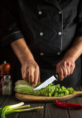 Aşçı Pekin lahanasını bıçakla keser. Mutfakta sebze salatası pişirmek. Asya mutfağı