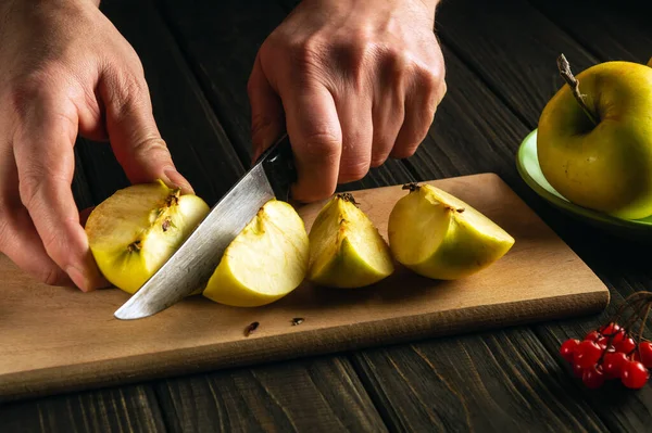 Chef Hands Knife Cut Fresh Apples Wooden Cutting Board Apple — Stock Photo, Image