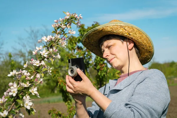 庭でリンゴの木の花の枝を撮影するヴィンテージカメラ付きのわらの帽子の美しい中年女性 — ストック写真